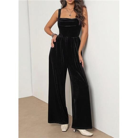 Women's Velvet Jumpsuit Winter Sleeveless Wide Leg Rompers Overall - Picture 2 of 6